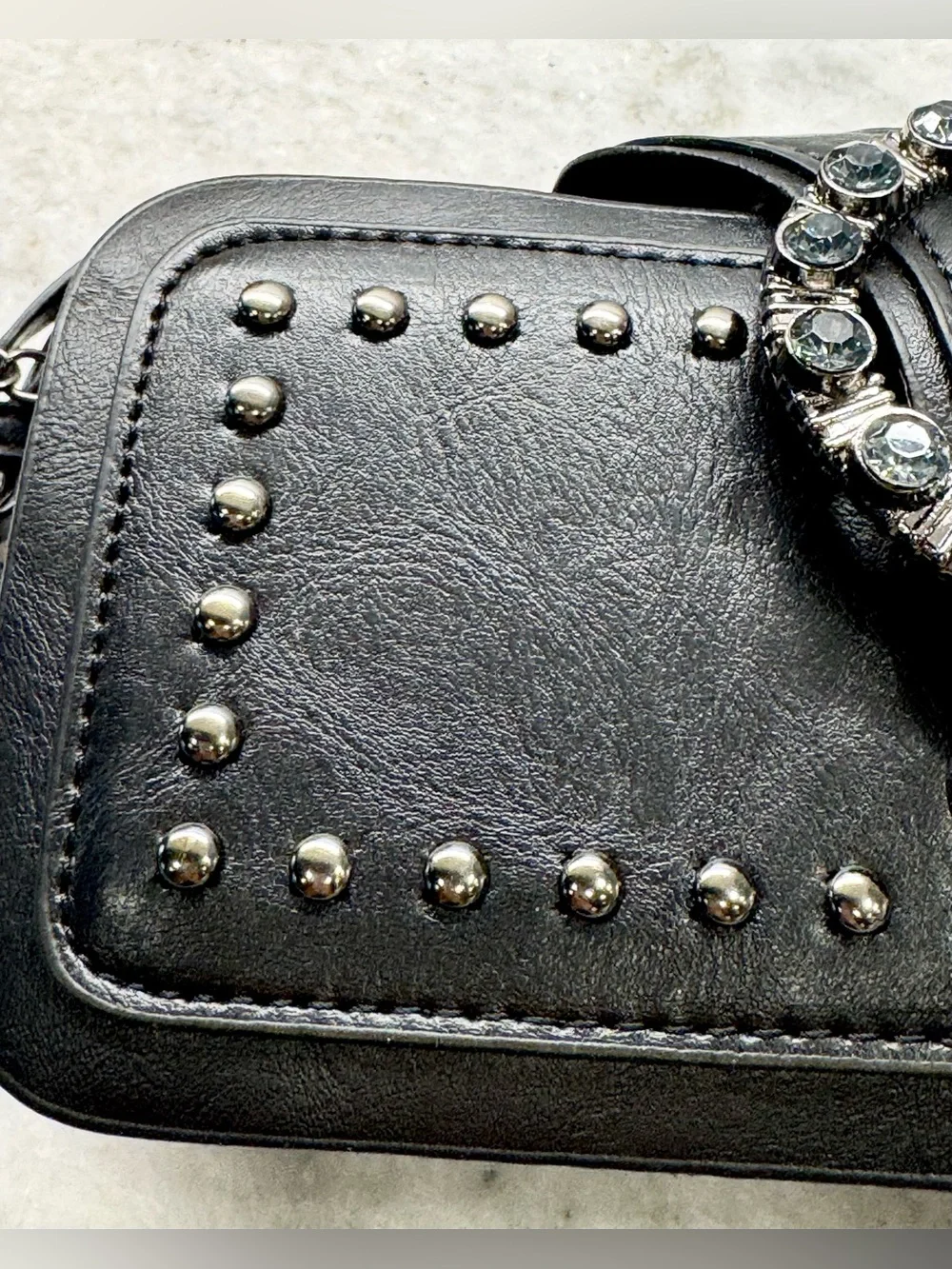 New Black Faux Leather Studded Crossbody Shoulder Bag Purse w/ Chain Strap 8”x4”